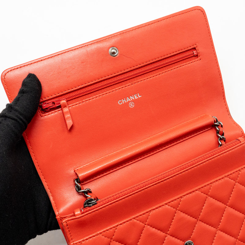 Chanel Boy Wallet On Chain Lambskin Red Ruthenium Silver Hardware