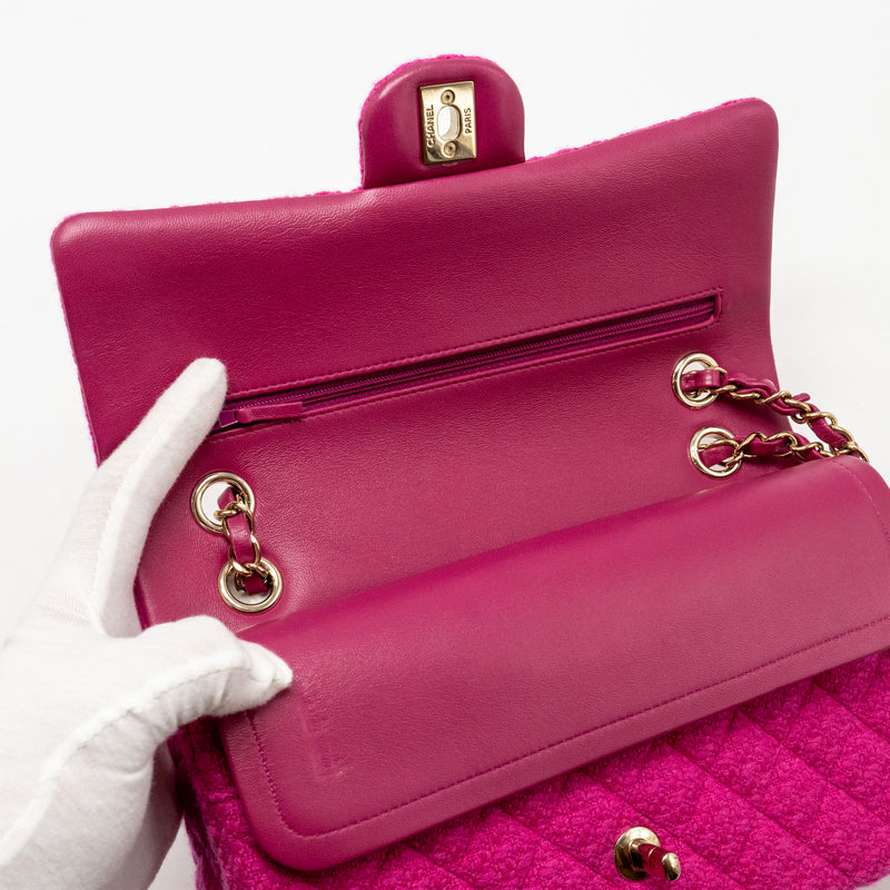 Chanel Medium Classic Double Flap Bag Tweed Pink LGHW (Microchip)