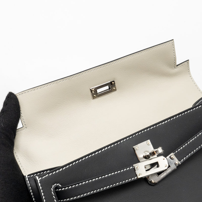 Hermes Kelly Pochette special order Swift black/ Gris perle SHW stamp K