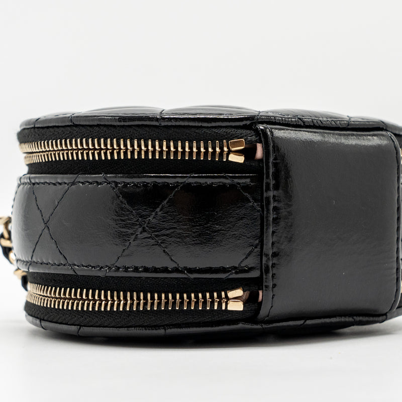 Chanel 22B Top Handle Mini Round Vanity Case With Chain Shiny Lambskin Black LGHW (Microchip)