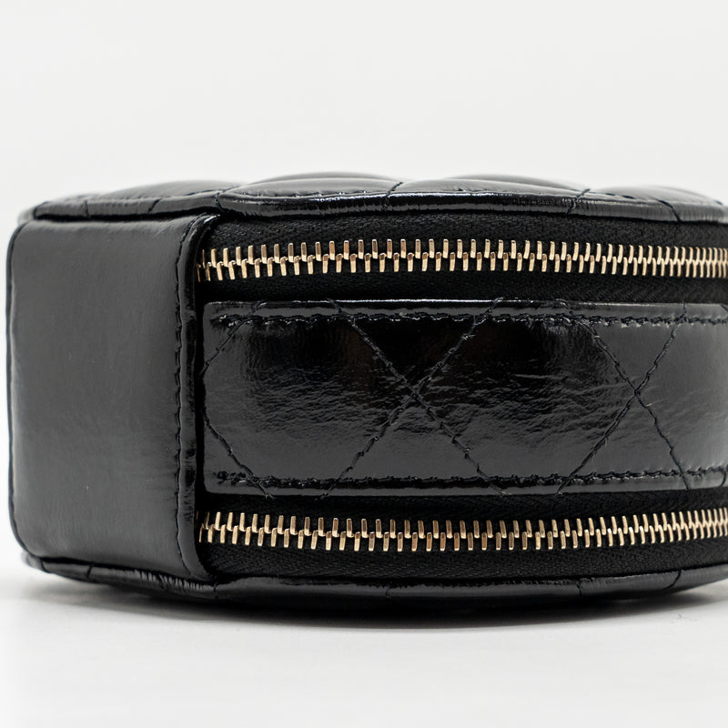 Chanel 22B Top Handle Mini Round Vanity Case With Chain Shiny Lambskin Black LGHW (Microchip)
