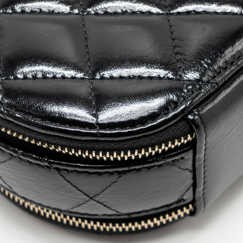 Chanel 22B Top Handle Mini Round Vanity Case With Chain Shiny Lambskin Black LGHW (Microchip)