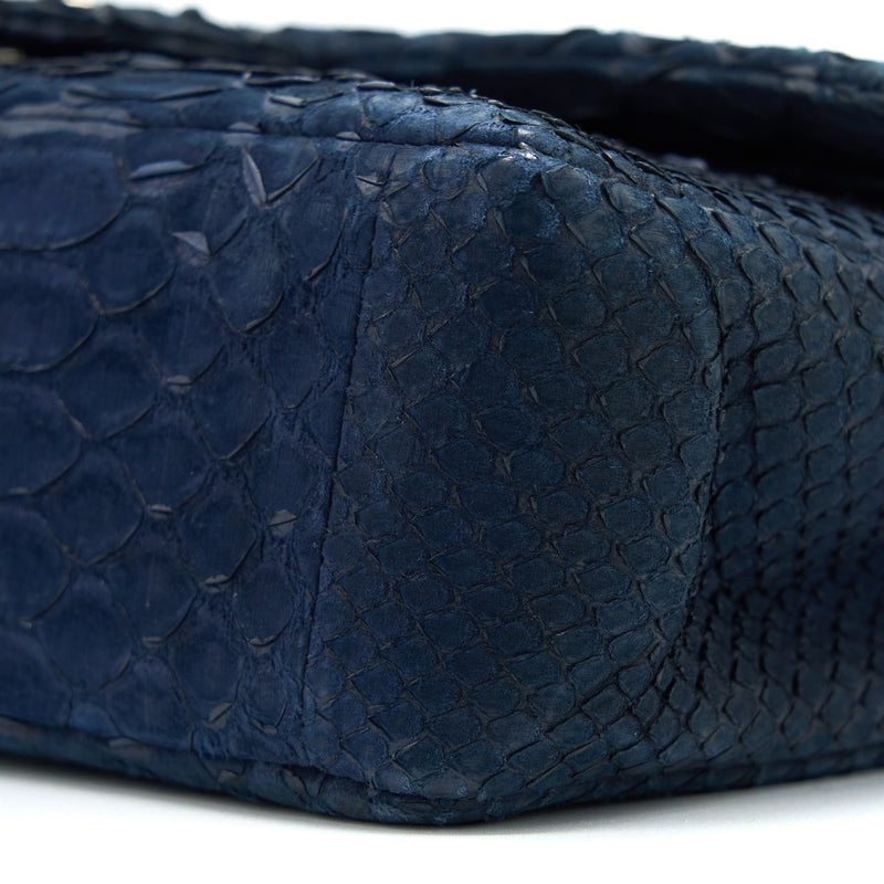 Chanel Medium Classic Double Flap Bag Python Dark Blue SHW