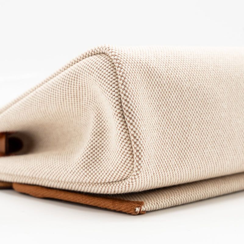 Hermes herbag mini canvas / hunter leather ecru-beige / fauve SHW stamp W