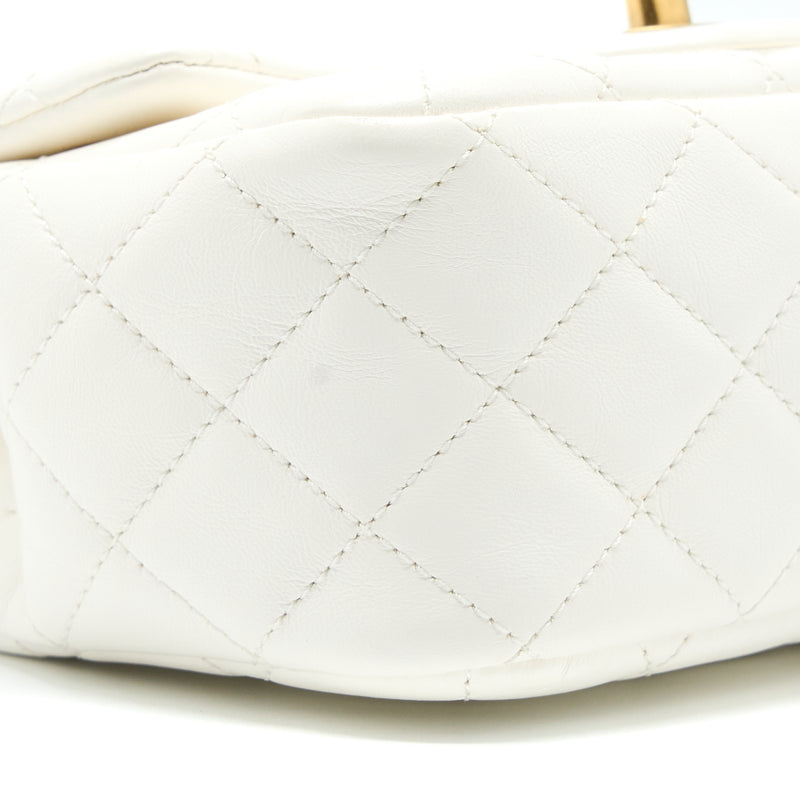 Chanel Mini Square Flap Bag with Detailed Ribbon Chain Lambskin White GHW