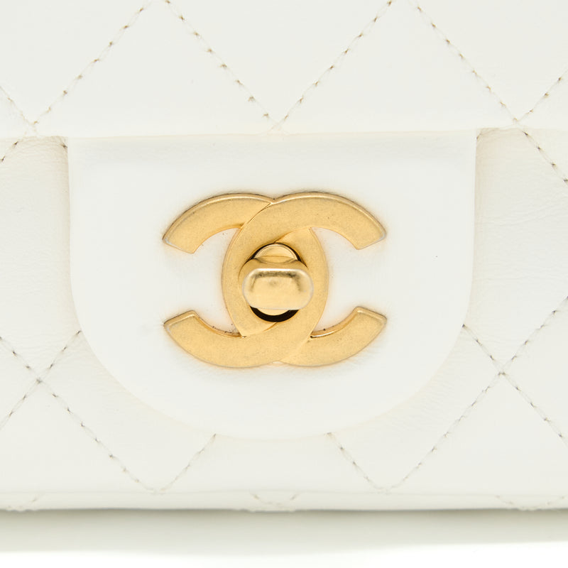 Chanel Mini Square Flap Bag with Detailed Ribbon Chain Lambskin White