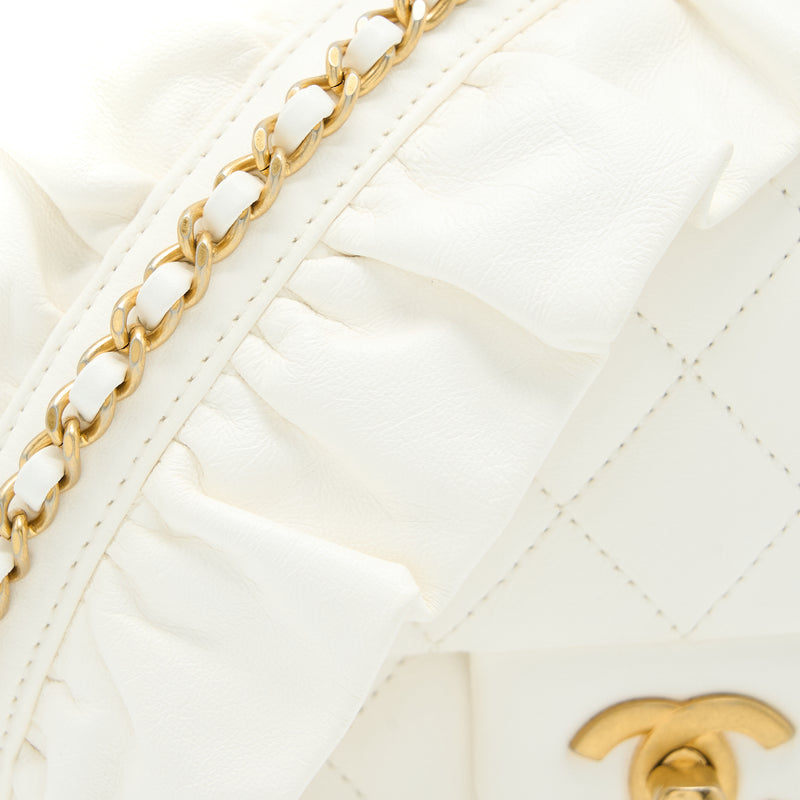 Chanel Mini Square Flap Bag with Detailed Ribbon Chain Lambskin White GHW