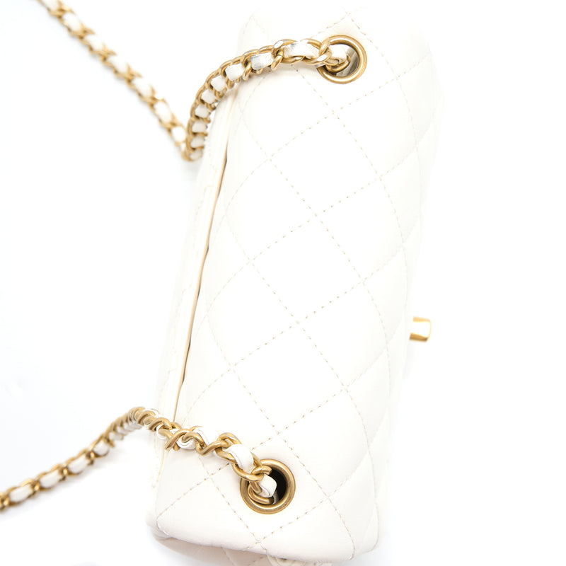 Chanel Mini Square Flap Bag with Detailed Ribbon Chain Lambskin White GHW