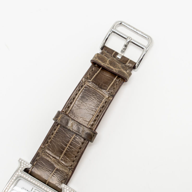 Hermes 30mm Heure H Watch, Medium Model Alligator Strap with Diamonds