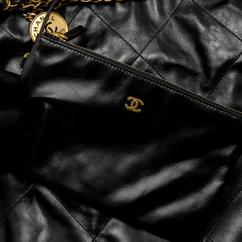 Chanel Medium 22 Bag Gold Letter Shiny Calfskin Black Brushed GHW (Microchip)