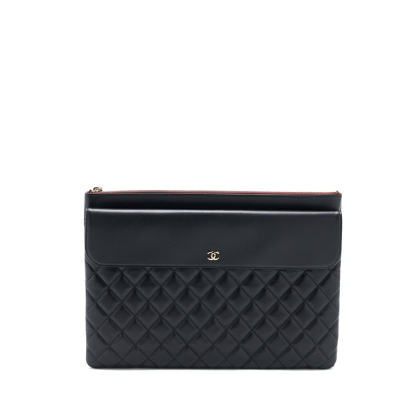 Chanel Quilted Zip and Flap Pouch/Clutch Large Model Lambskin Black LGHW