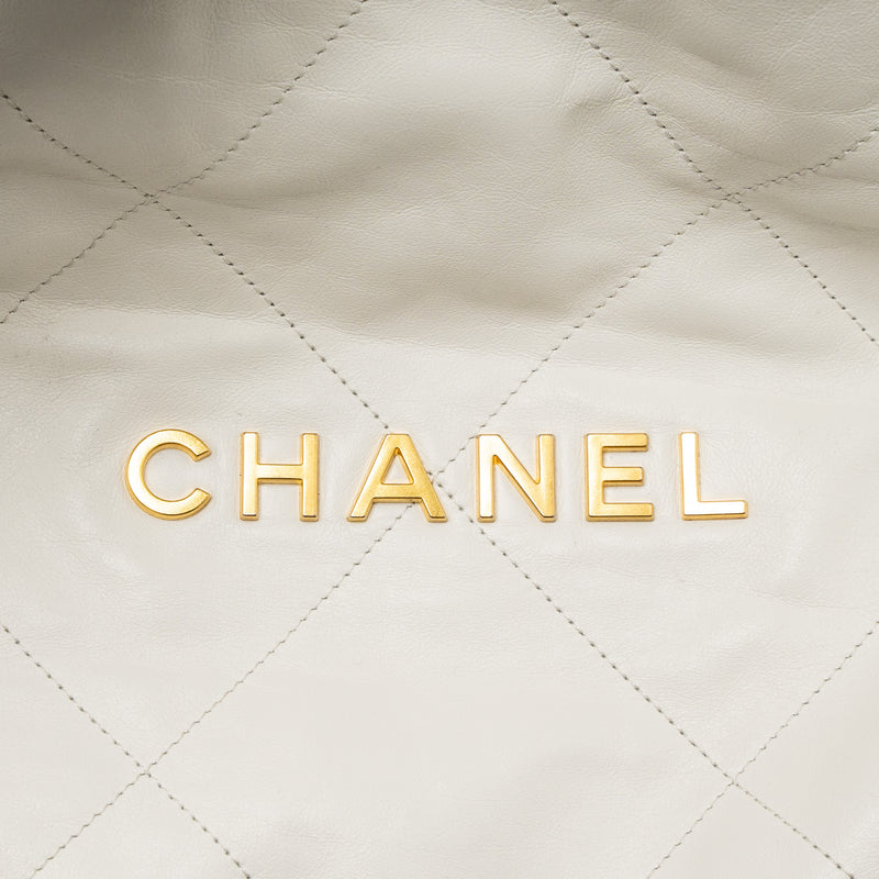 Chanel Small 22 Bag Gold Letter Shiny Calfskin White Brushed GHW (Microchip)