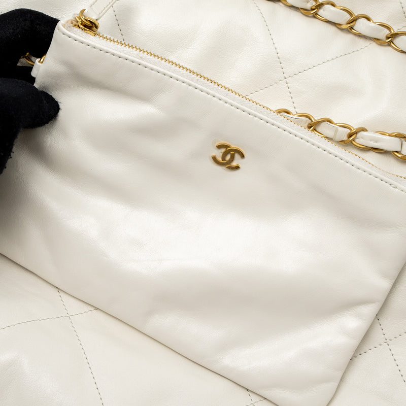 Chanel Small 22 Bag Gold Letter Shiny Calfskin White Brushed GHW (Microchip)