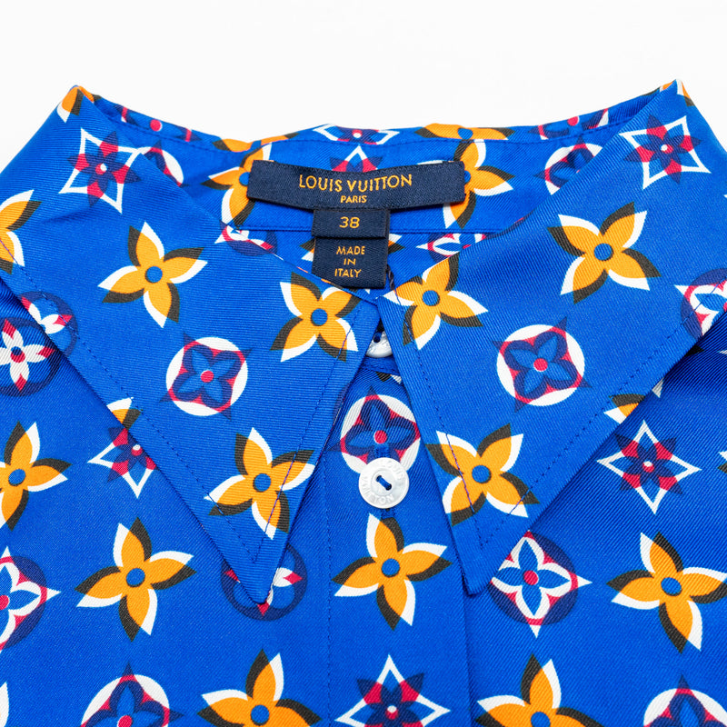 Louis Vuitton Size 38 Monogram Button Down Blouse/Shirt Silk Blue/Multicolour