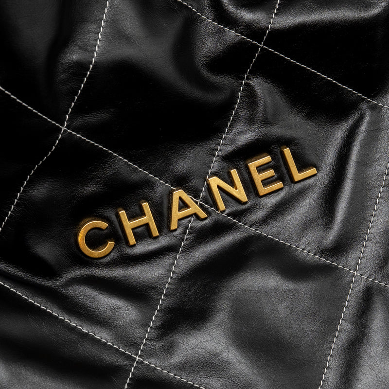 Chanel Small 22 Bag White Stitching Calfskin Black GHW (Microchip)