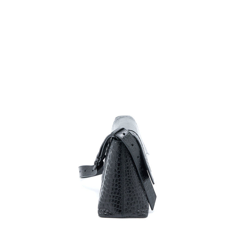 Balenciaga Small Downtown Shoulder Bag Croc Embossed Leather Black with Black Hardware