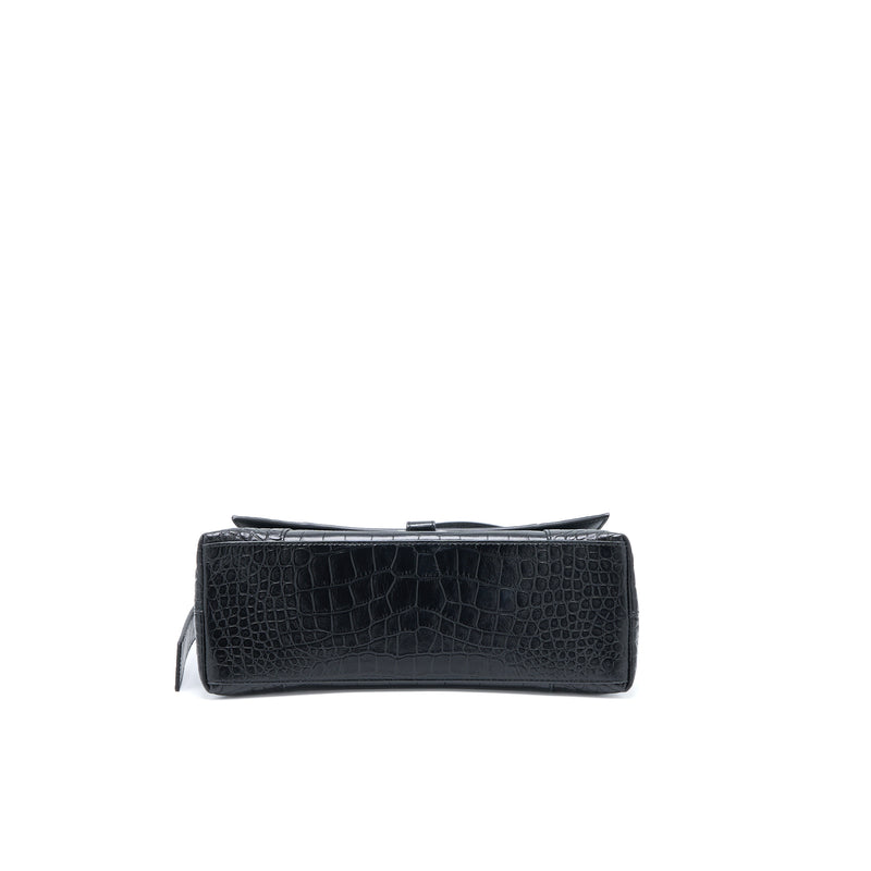 Balenciaga Small Downtown Shoulder Bag Croc Embossed Leather Black with Black Hardware