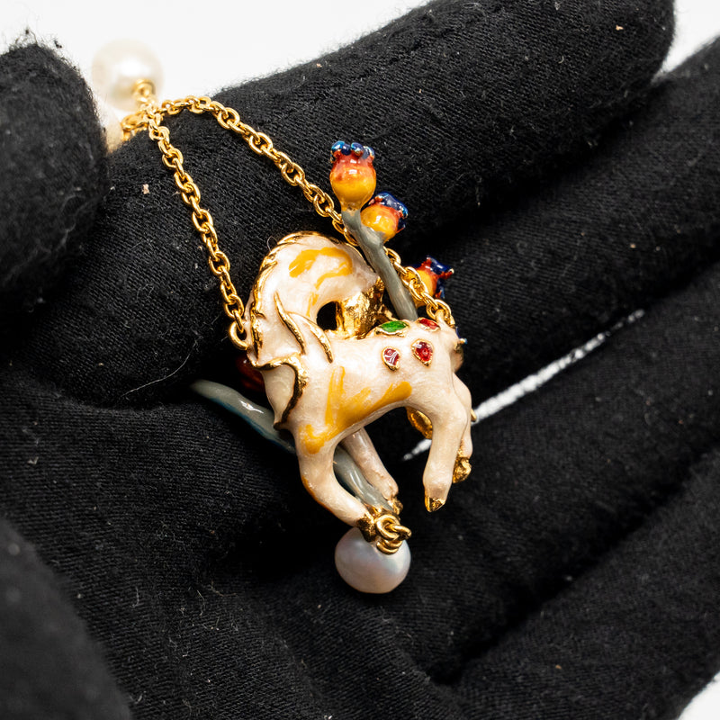 Dior Unicorn and Flowers Drop Pearl Single Earring Gold Tone