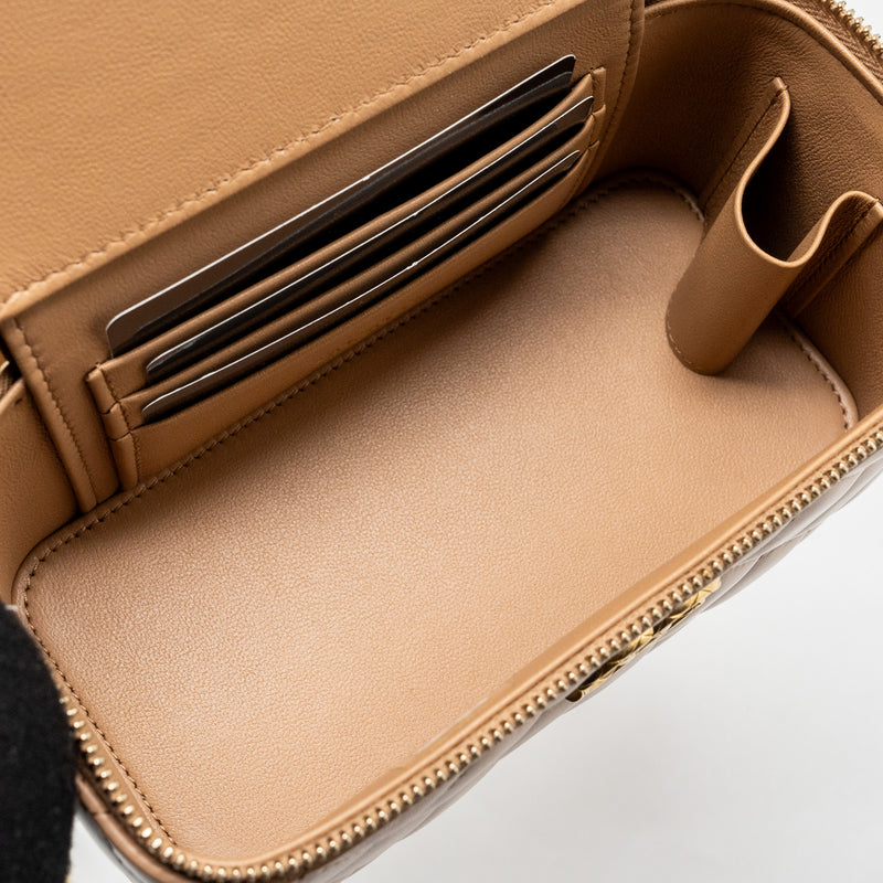 Chanel gold pillar long vanity case with adjustable chain lambskin dark beige GHW (microchip)