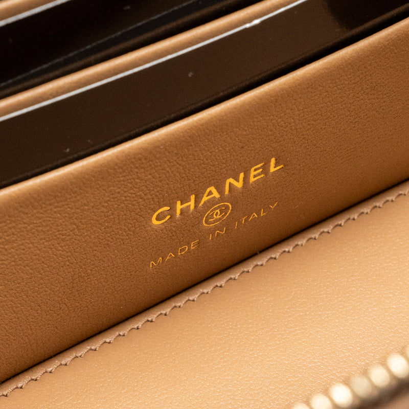 Chanel gold pillar long vanity case with adjustable chain lambskin dark beige GHW (microchip)