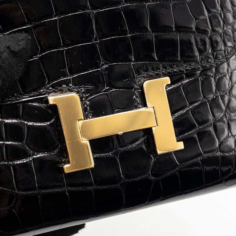 Hermes Constance Compact Wallet Shiny Alligator Mississippiensis Black GHW Stamp A