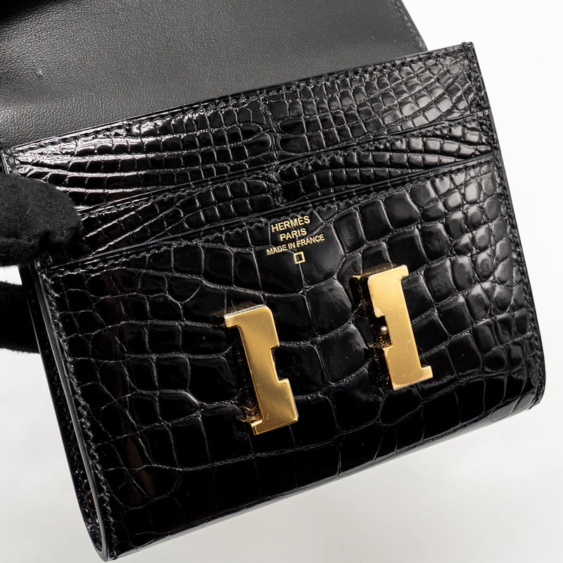 Hermes Constance Compact Wallet Shiny Alligator Mississippiensis Black GHW Stamp A