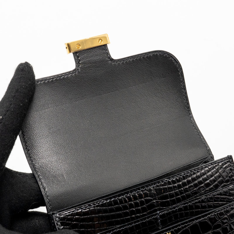 Hermes Constance Compact Wallet Shiny Alligator Mississippiensis Black GHW Stamp A
