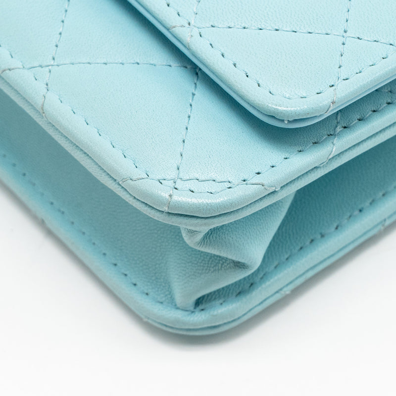 CHANEL Classic Wallet On Chain Lambskin Light Blue SHW