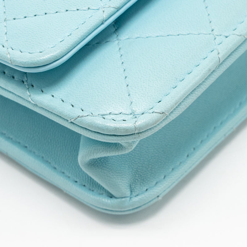 CHANEL Classic Wallet On Chain Lambskin Light Blue SHW