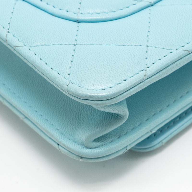 CHANEL Classic Wallet On Chain Lambskin Light Blue SHW
