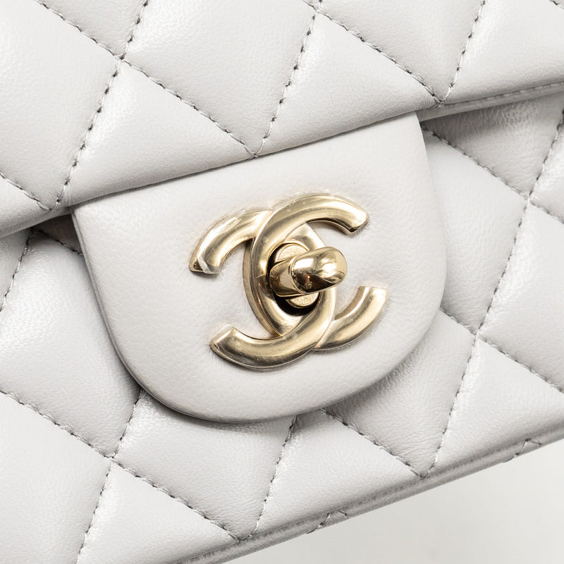 Chanel top handle mini rectangular flap bag lambskin light blue LGHW (Microchip)