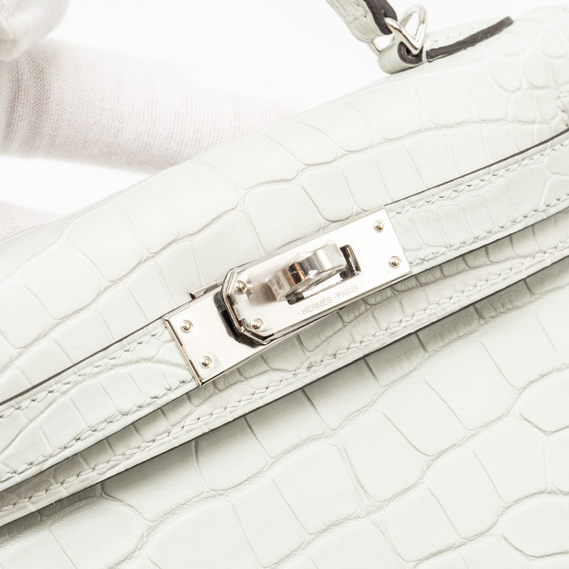 Hermes Mini Kelly II Matte Alligator MIssissippiensis 0W Gris Neve SHW Stamp B