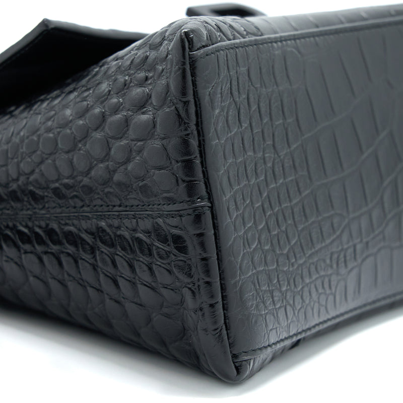 Balenciaga Small Downtown Shoulder Bag Croc Embossed Leather Black with Black Hardware