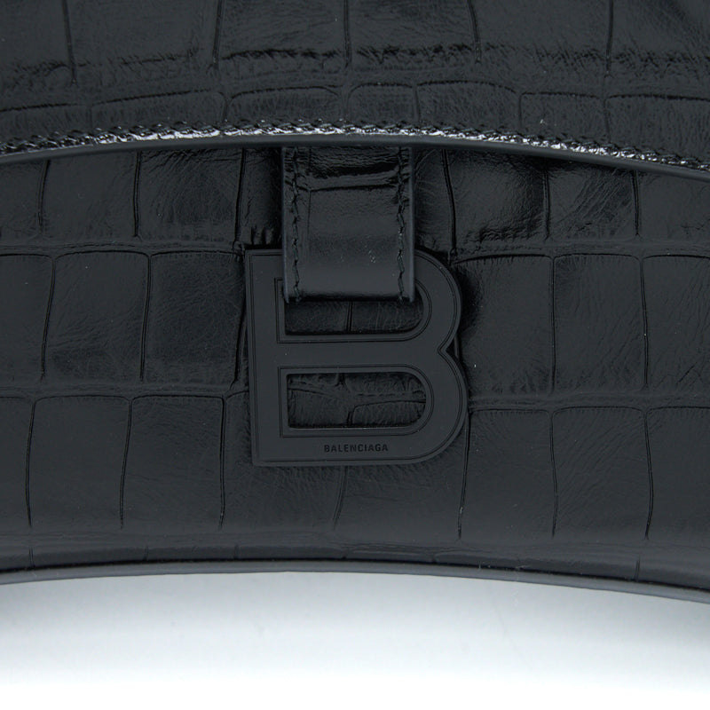 Balenciaga Small Downtown Shoulder Bag Croc Embossed Leather Black with Black Hardware