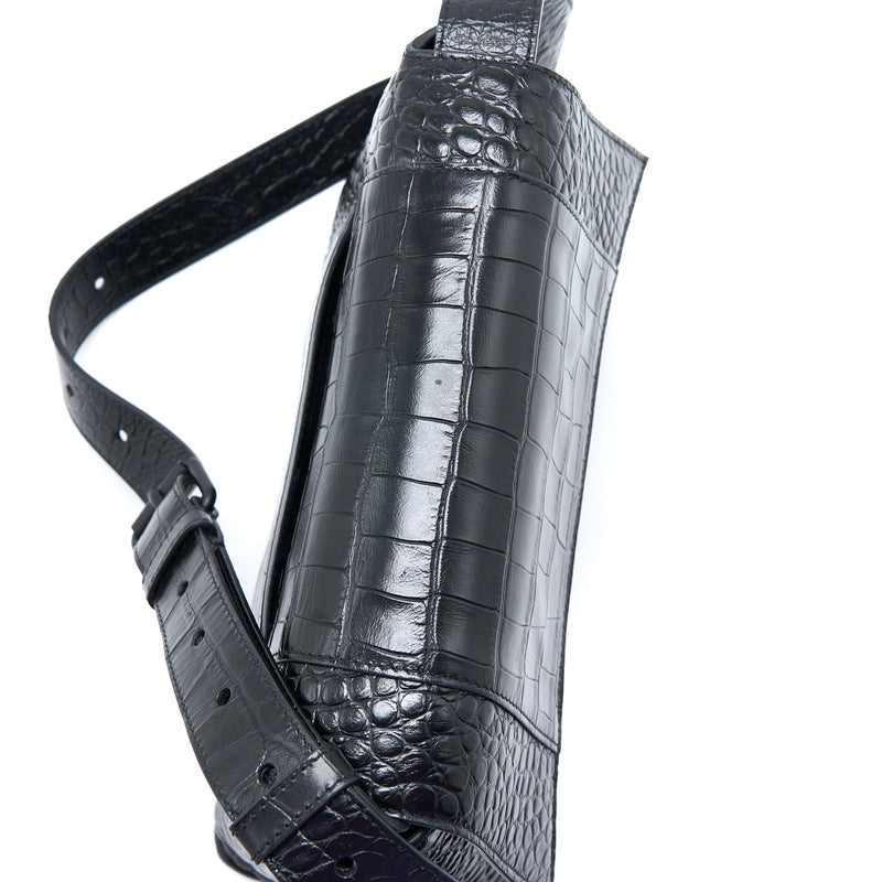 Balenciaga Small Downtown Shoulder Bag Croc Embossed Leather Black with Black Hardware