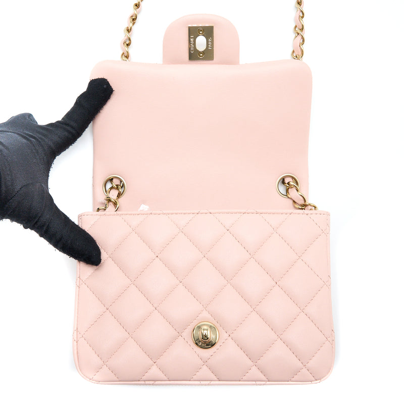 Chanel Mini Square Flap bag Lambskin Light Pink LGHW (Microchip)