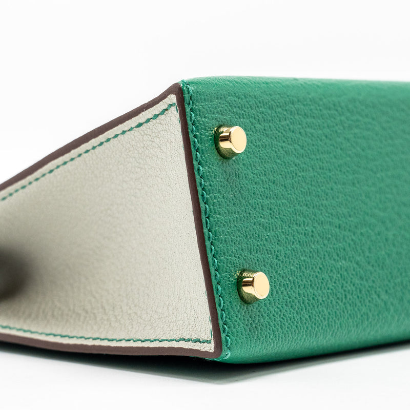 Hermes Mini kelly special order chèvre Mysore Vert vertigo/Gris Perle LGHW Stamp U