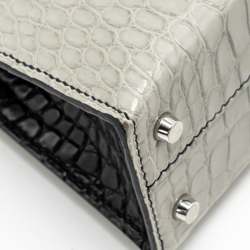 Hermes Mini Kelly II Alligator Mississippiensis Matt Gris Perle / black SHW stamp B