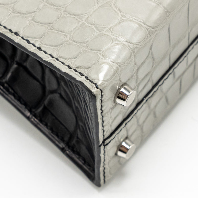 Hermes Mini Kelly II Alligator Mississippiensis Matt Gris Perle / black SHW stamp B