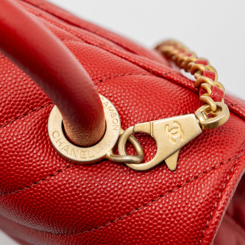 Chanel Small Coco Handle Chevron Caviar Red Brushed GHW