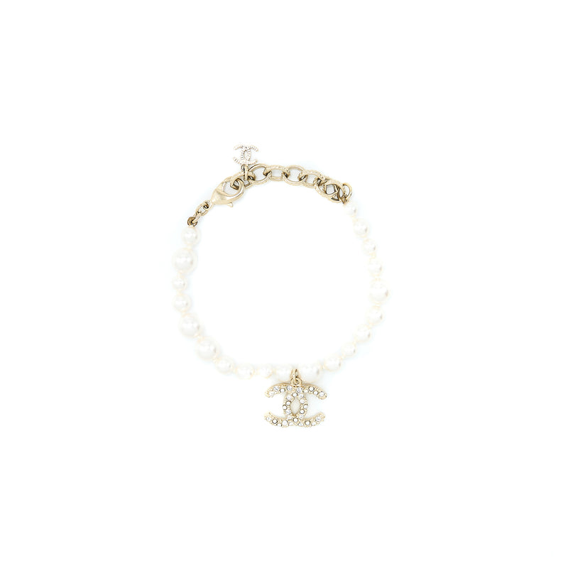 Chanel CC Logo Dropped Bracelet Pearl/Crystal Light Gold Tone