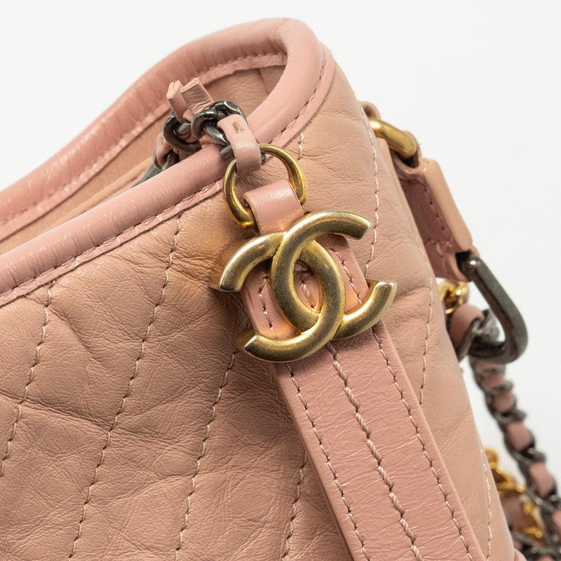 Chanel Small Gabrielle Hobo Bag Chevron Aged Calfskin Pink Multicolour Hardware