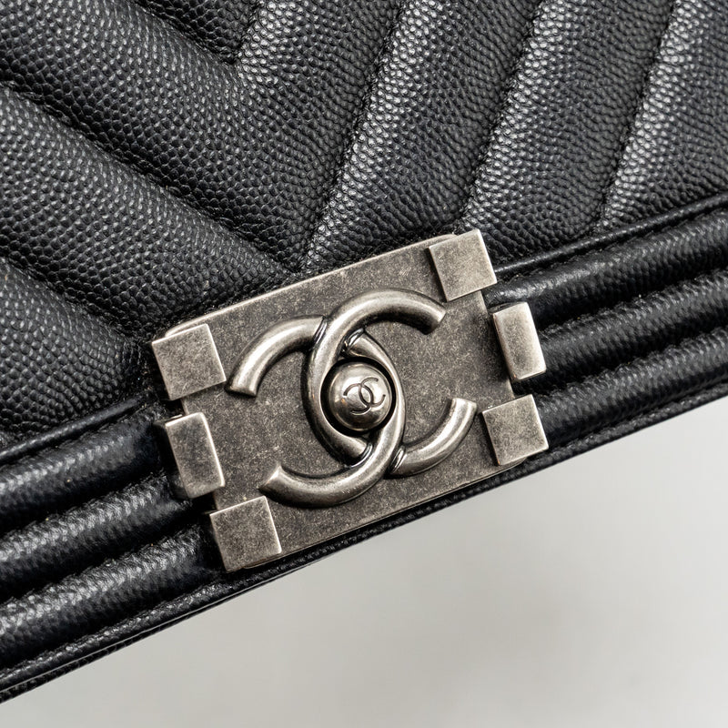 Chanel Medium Boy Bag Chevron Caviar Black Ruthenium Silver Hardware