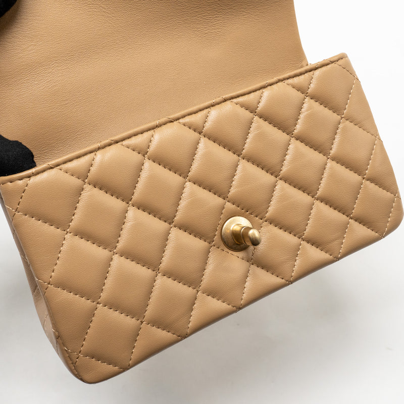 Chanel Top Handle Mini Rectangular Lambskin Dark Beige GHW (Microchip)