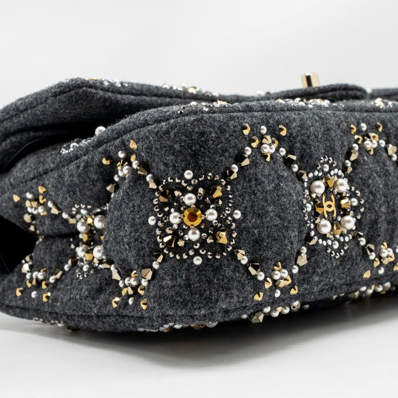 Chanel 21A pearl strass crystal medium classic double flap bag fabric grey LGHW