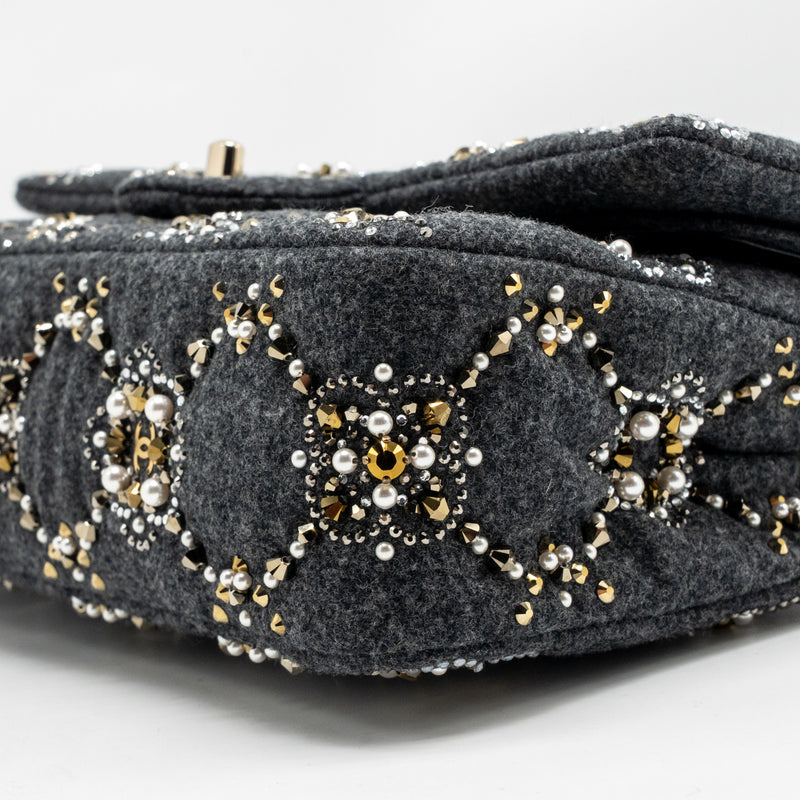 Chanel 21A pearl strass crystal medium classic double flap bag fabric grey LGHW