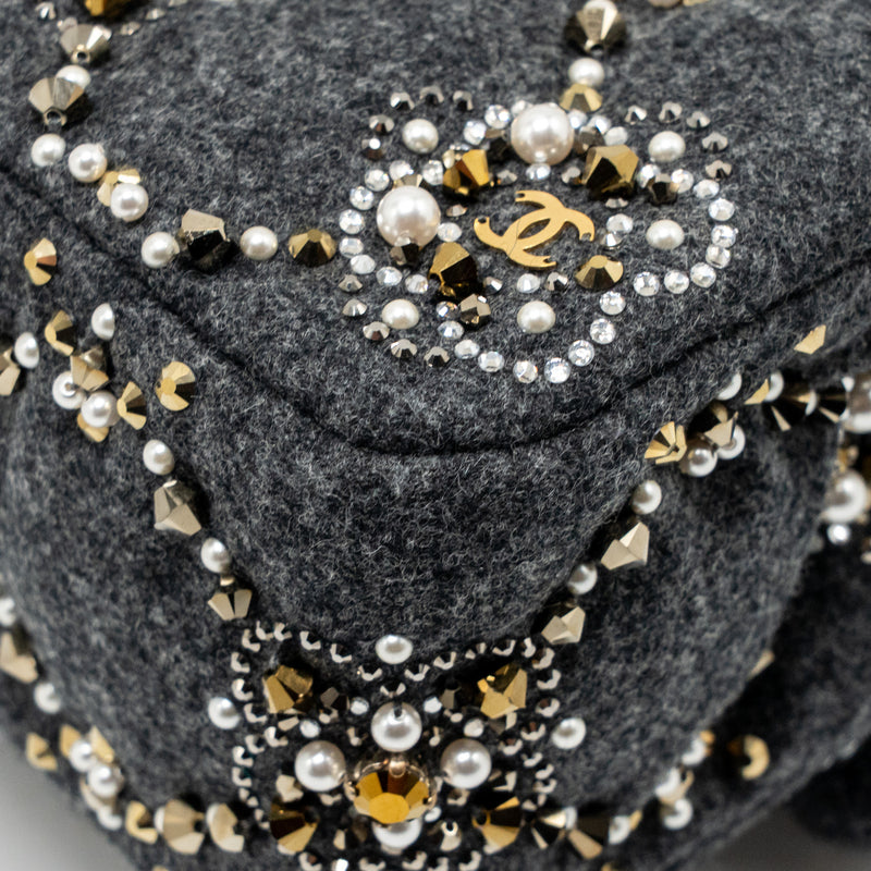 Chanel 21A pearl strass crystal medium classic double flap bag fabric grey LGHW