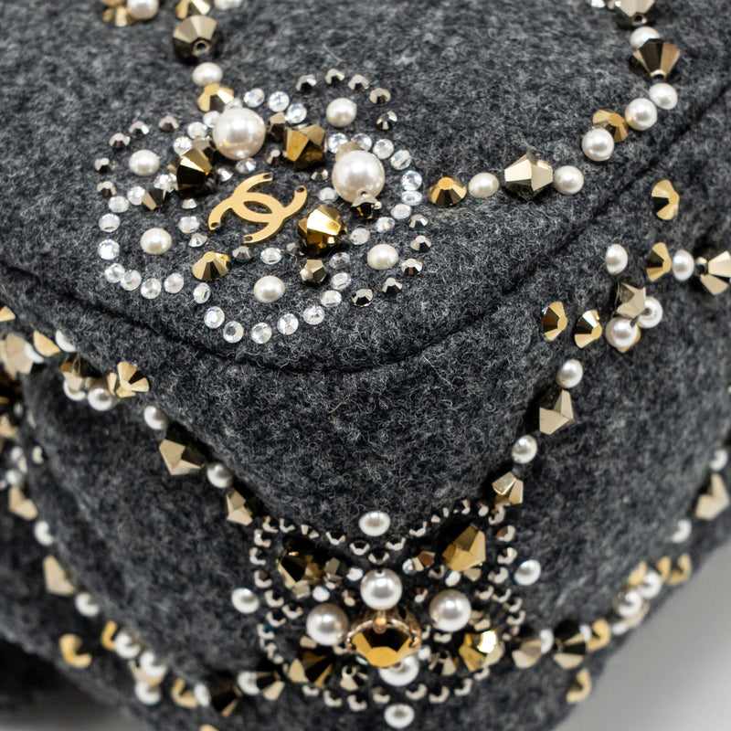 Chanel 21A pearl strass crystal medium classic double flap bag fabric grey LGHW