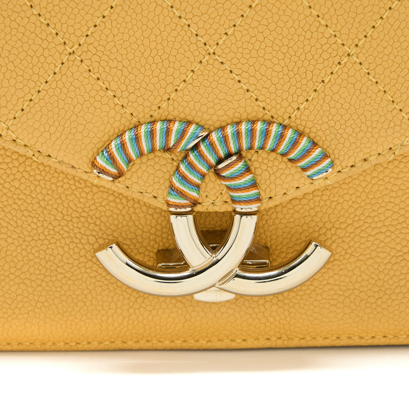 Chanel Giant CC Logo Messenger Flap Bag Caviar Yellow LGHW