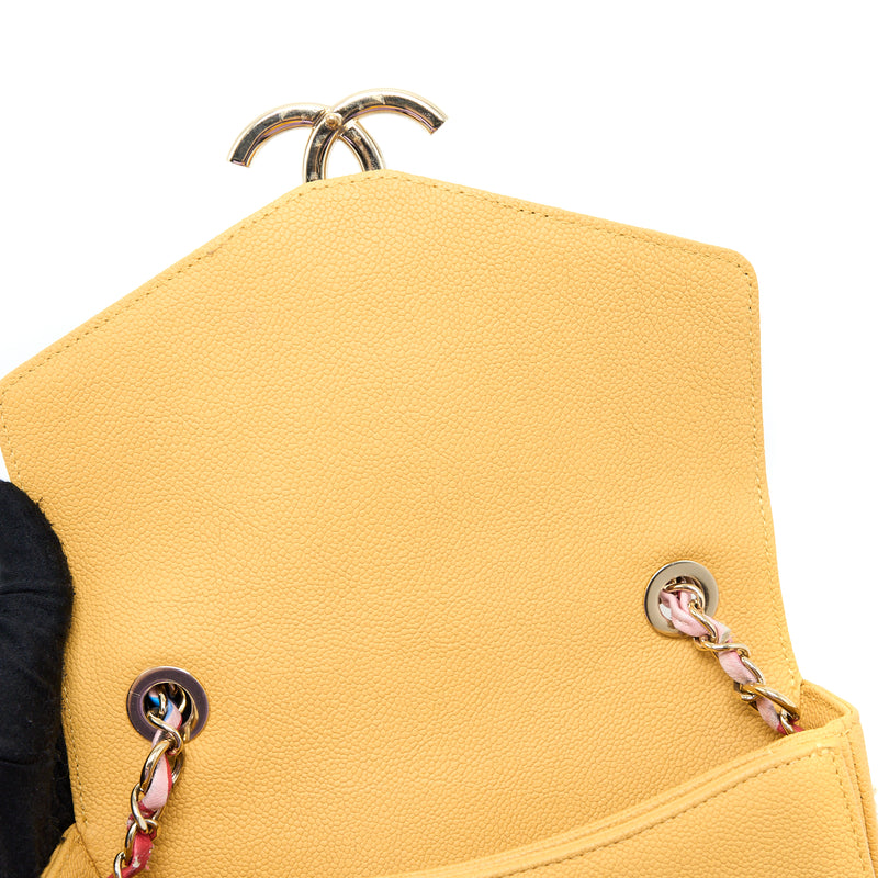 Chanel Giant CC Logo Messenger Flap Bag Caviar Yellow LGHW
